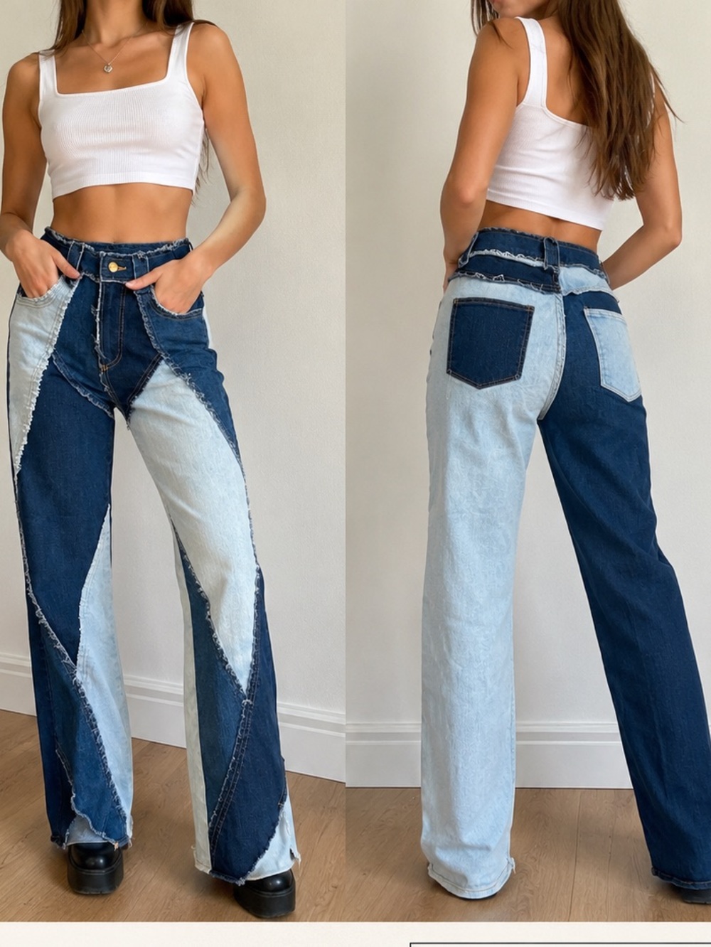 REHAB LAB Patchwork Two Tone Flare Jeans S Raw Hem Split Ankle Stretch 26” waist